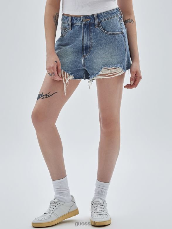 GUESS Unisex Originals Kit Destroyed Denim Shorts Go Fez Medium Wash Apparel V28V6168