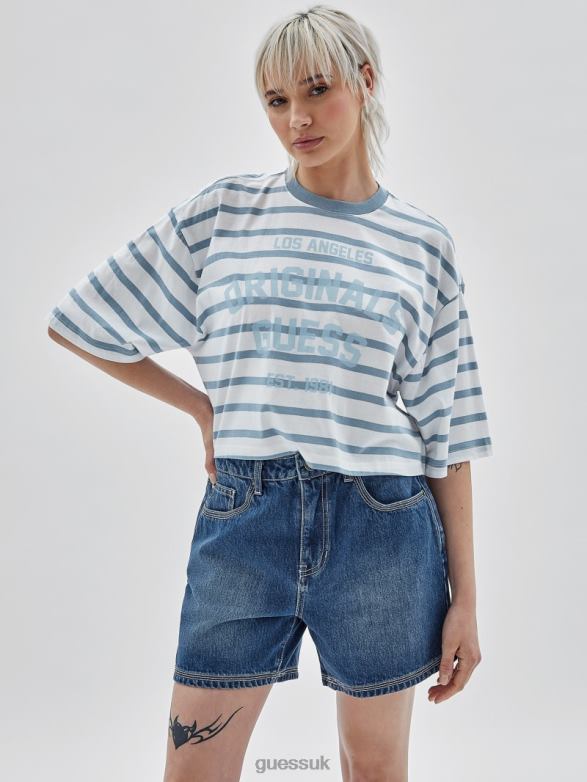 GUESS Unisex Originals Striped Cropped Shirt Aerial Blue Multi Apparel V28V61280
