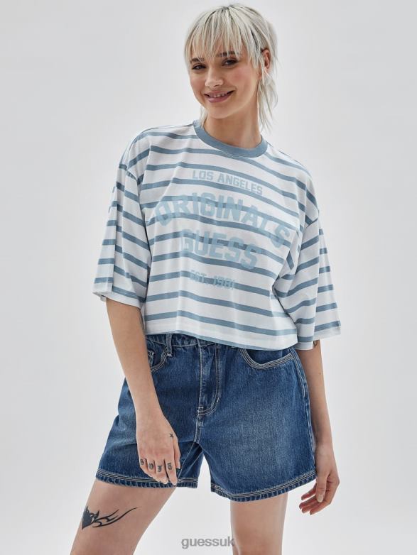 GUESS Unisex Originals Striped Cropped Shirt Aerial Blue Multi Apparel V28V61280