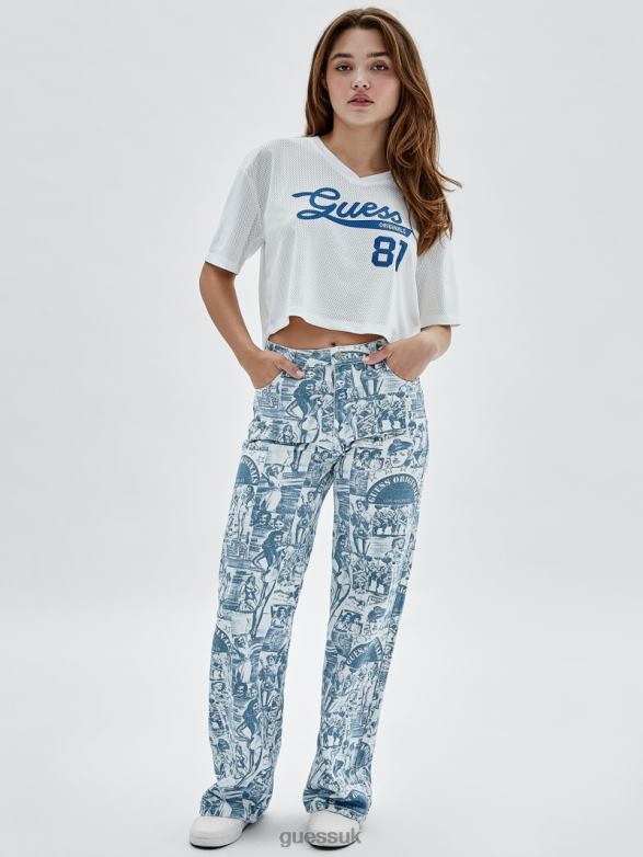 GUESS Unisex Originals Vintage Print Wide-Leg Jeans Pure White Multi Apparel V28V6174