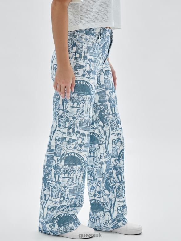 GUESS Unisex Originals Vintage Print Wide-Leg Jeans Pure White Multi Apparel V28V6174