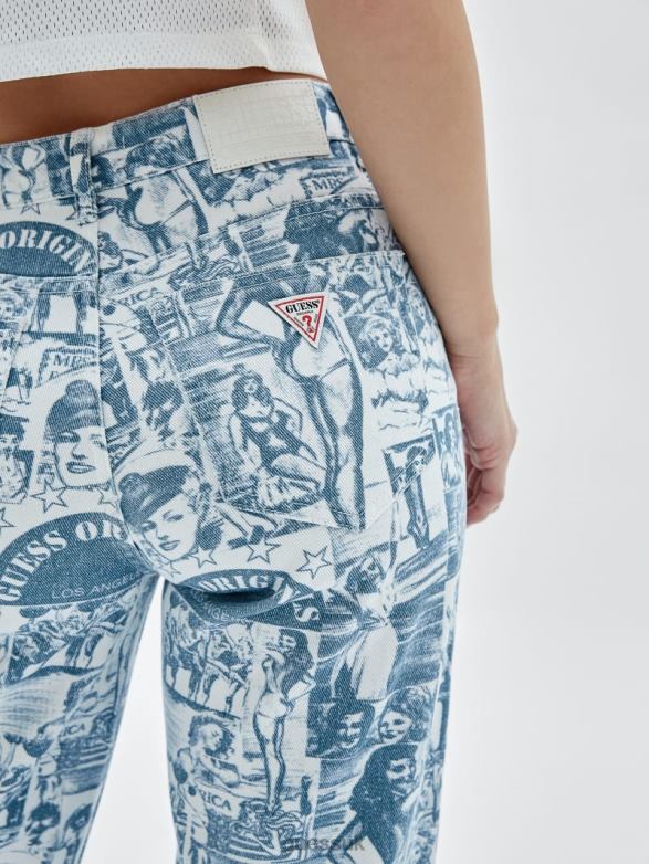 GUESS Unisex Originals Vintage Print Wide-Leg Jeans Pure White Multi Apparel V28V6174