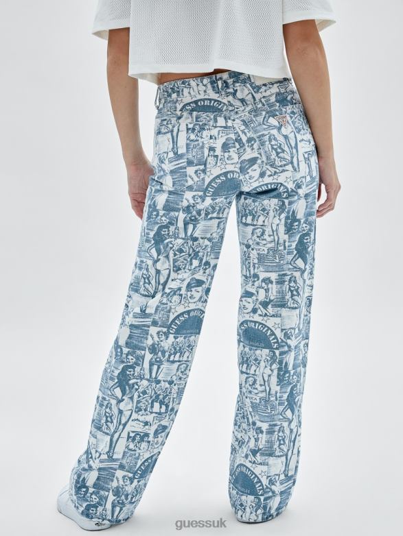 GUESS Unisex Originals Vintage Print Wide-Leg Jeans Pure White Multi Apparel V28V6174