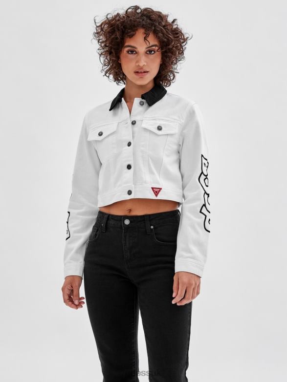 GUESS Unisex Originals x Betty Boop Cropped Denim Jacket Go Ecru Wash Apparel V28V61837