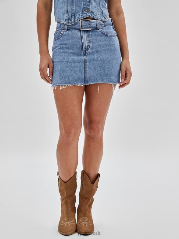 GUESS Women Originals Belted Denim Skirt Go Kitty Medium Wash Apparel V28V6131