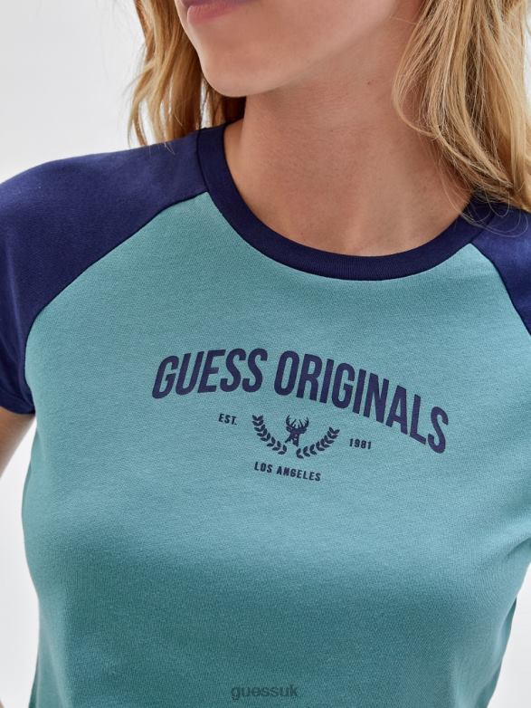 GUESS Unisex Originals Raglan Crop Baby Tee Soft Teal Multi Apparel V28V61318