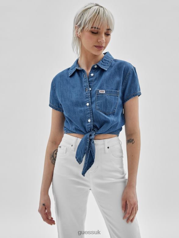 GUESS Unisex Originals Tie-Front Denim Shirt Go Medium Ruthie Wash Apparel V28V61356